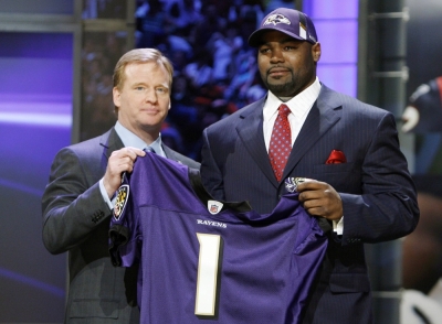 Michael Oher (right) was drafted in 2009 by the Baltimore Ravens, with whom he won the Super Bowl in 2013.