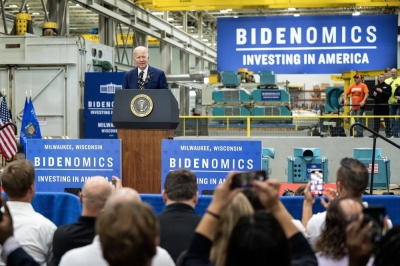 U.S. President Joe Biden during an event in Milwaukee, Wisconsin, on Tuesday. The president has crisscrossed the nation visiting groundbreakings and factories to sell his agenda, dubbed Bidenomics, with the Inflation Reduction Act as the centerpiece.