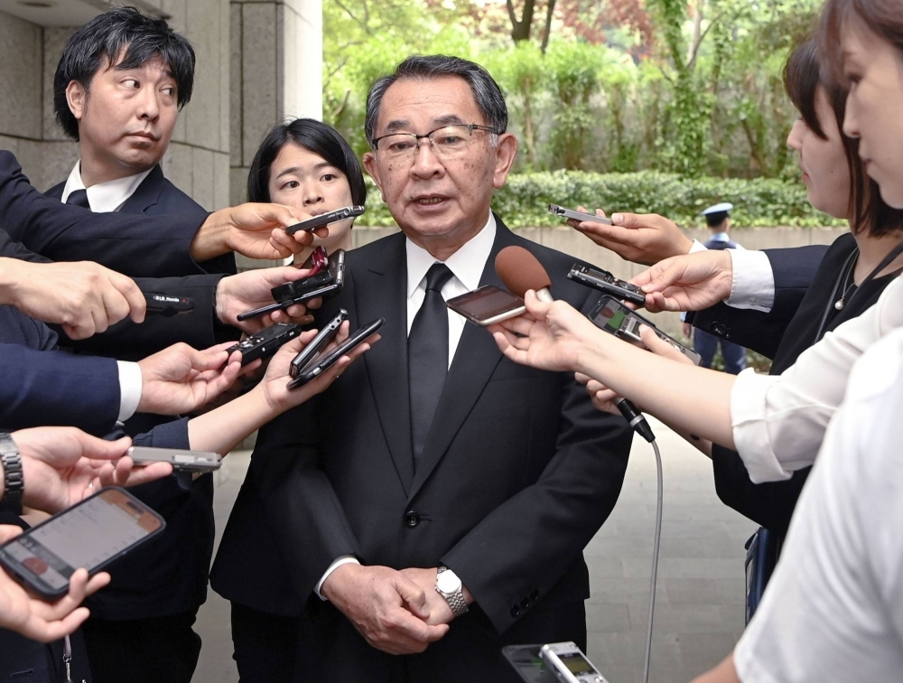 Ryu Shionoya, who has become the chair of the Liberal Democratic Party’s largest faction, which was formerly led by the late Prime Minister Shinzo Abe, speaks to reporters last month after attending the one-year memorial service for Abe.
