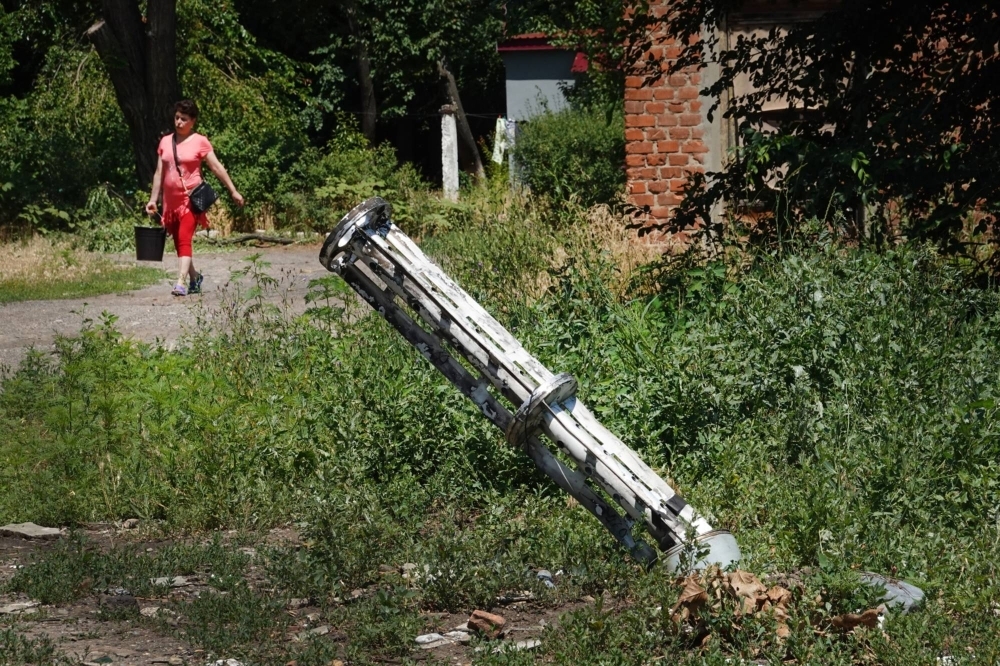The remains of a missile that dropped cluster bombs at a housing complex in Sloviansk, Ukraine