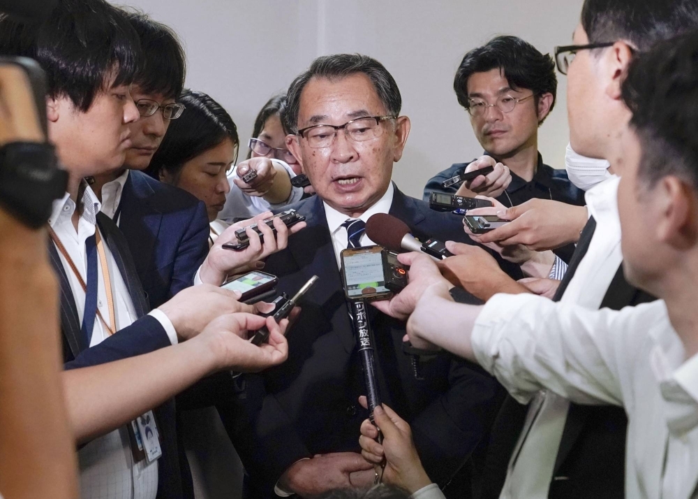 Ryu Shionoya, who has become the chair of the leadership committee of the Liberal Democratic Party’s largest faction, speaks to reporters in Tokyo on Thursday.