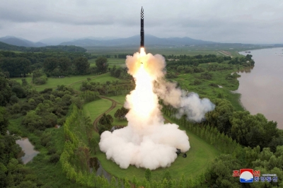 A Hwasong-18 intercontinental ballistic missile is launched from an undisclosed location in North Korea in this image released on July 13. 