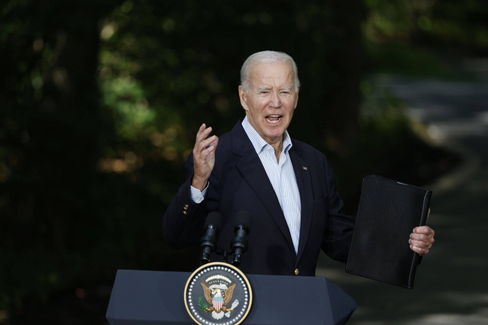 U.S. President Joe Biden speaks during a news conference at Camp David in Maryland on Friday. 