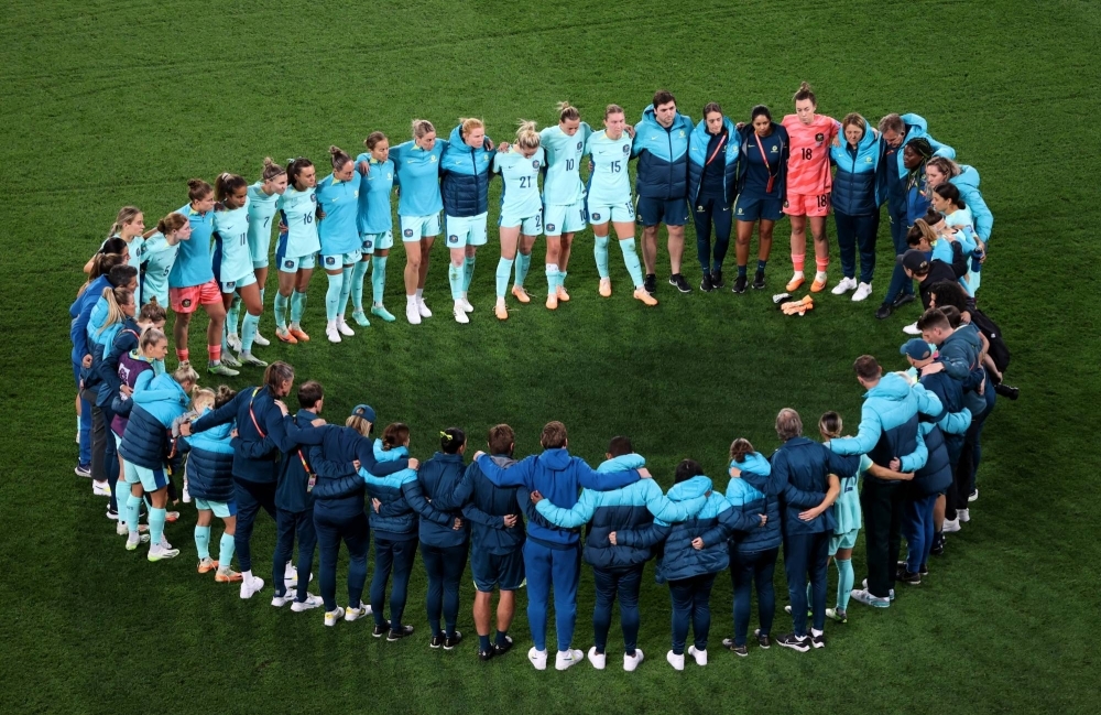 Australia's Matildas huddle after the third-place final of the 2023 FIFA Women's World Cup in Brisbane on Saturday.