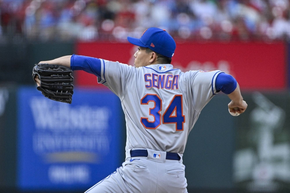 New York Mets starting pitcher Kodai Senga during the first inning of the team's win over the Cardinals at Busch Stadium in St. Louis. 