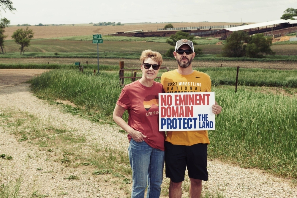 Vicki Hulse and her son Bill Hulse oppose a proposed carbon dioxide pipeline near their home in Moville, Iowa.