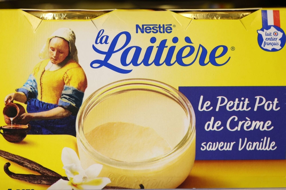 A view of a Nestle, La Laitiere product cover in a supermarket in Paris. The video of Nestle's version of Baroque artist Johannes Vermeer's oil painting The Milkmaid generated sigificant "media value" for the Swiss food giant.