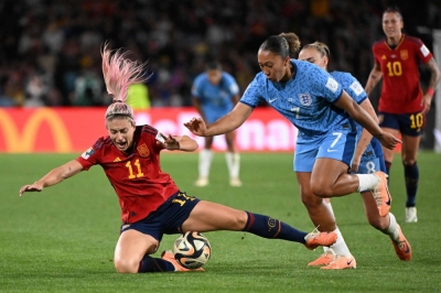 Spanish midfielder Alexia Putellas (left) battles for the ball against English forward Lauren James during in the final of the 2023 FIFA Women's World Cup in Sydney on Sunday. Spain won the match 1-0. 
