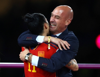 Jenni Hermoso celebrates with Spanish Football Federation President Luis Rubiales after Spain's victory in the World Cup final on Sunday. 