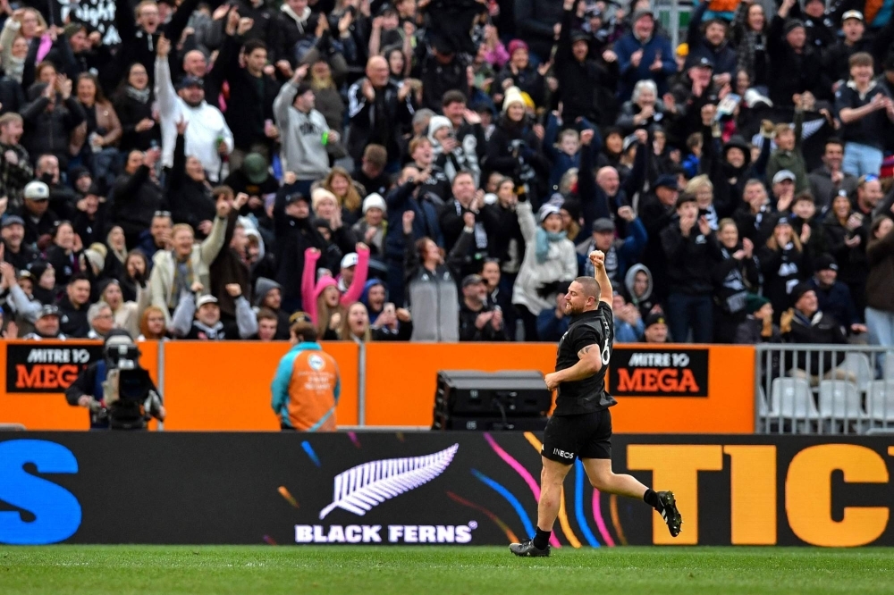 New Zealand's Dane Coles celebrates after winning a Bledisloe Cup test match against Australia at Forsyth Barr Stadium in Dunedin, New Zealand, on Aug. 5. 