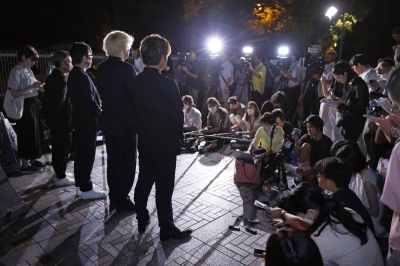 Members of Johnny’s Sexual Assault Victims Association who allege they were abused by famed-talent agent Johnny Kitagawa speak to reporters in late July in Tokyo following a hearing by United Nations human rights experts.