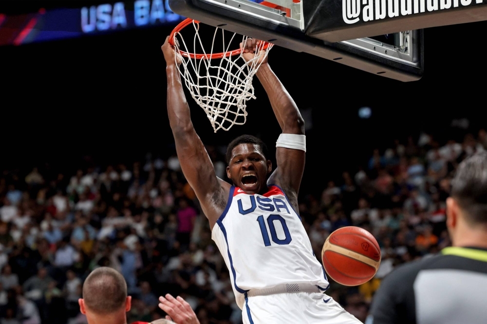 Anthony Edwards dunks during a friendly between the U.S. and Germany in Abu Dhabi on Sunday. 