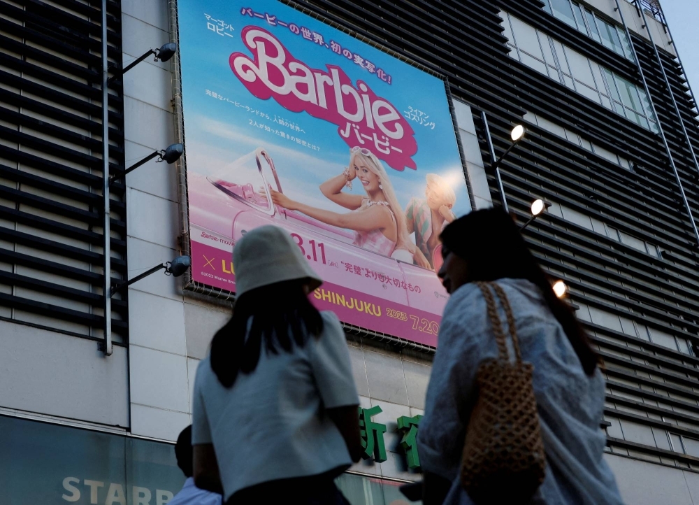 A promotional poster for the film "Barbie" in Tokyo on Aug. 3  