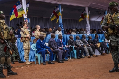 Wagner mercenaries guard the president and other high-ranking attendees at an event in Bangui, capital of the Central African Republic, in May 2019. 
