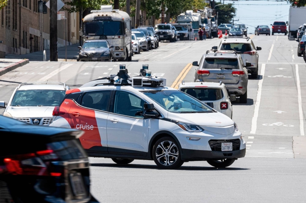 A Cruise autonomous taxi in San Francisco on Aug. 10. Cruise is one of only two firms in California allowed to run paid robotaxi services around the clock.