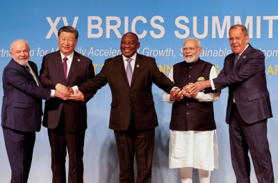 Brazilian President Luiz Inacio Lula da Silva, Chinese President Xi Jinping, South African President Cyril Ramaphosa, Indian Prime Minister Narendra Modi and Russia's foreign minister, Sergey Lavrov, during the 2023 BRICS summit in Johannesburg on Wednesday. 