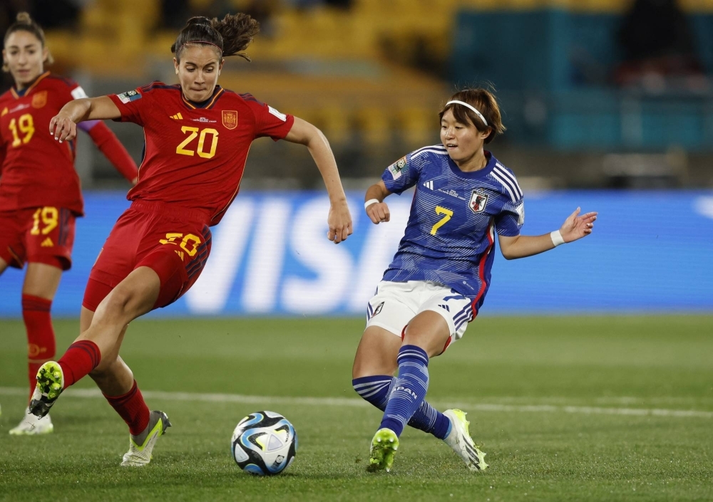 Hinata Miyazawa (right) scores during Japan's victory over Spain during the Women's World Cup in Wellington on July 31.