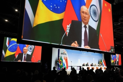 Russian President Vladimir Putin delivers his remarks during the 2023 BRICS Summit in Johannesburg on Thursday.  