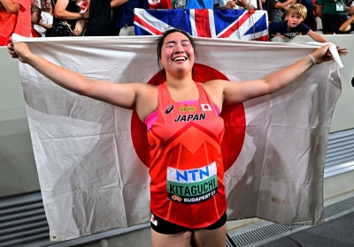 Japan's Haruka Kitaguchi celebrates after winning the women's javelin throw competition at the World Athletics Championships in Budapest on Friday. 