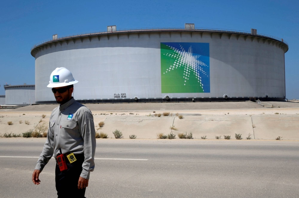 A Saudi Aramco oil tank at the Ras Tanura refinery and terminal in Saudi Arabia