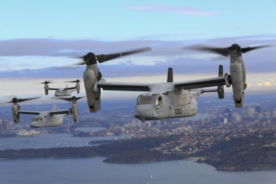 Three MV-22B tilt-rotor Ospreys fly in formation above the Pacific Ocean off the coast of Sydney in June 2017. A U.S. Marine Osprey crashed on a remote island north of Australia's mainland while taking part in military exercises on Sunday.