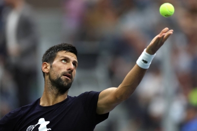 Novak Djokovic practices ahead of the 2023 U.S. Open Tennis Championships, in Flushing Meadows, New York, on Friday.