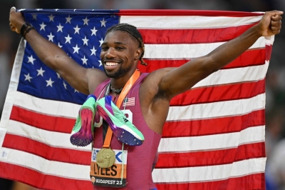 Noah Lyles of the United States celebrates after winning the men's 200m final during the World Athletics Championships in Budapest on Friday.