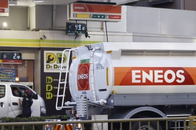 A gasoline tanker truck at an Eneos gas station in Tokyo