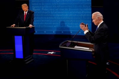 Then Democratic presidential candidate Joe Biden and U.S. President Donald Trump meet during their final debate ahead of the 2020 election, in Nashville, Tennessee, in October of that year.