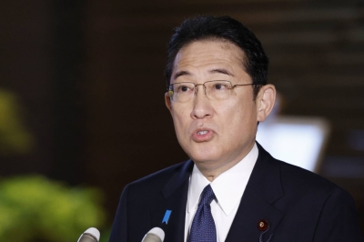 Japanese Prime Minister Fumio Kishida meets the press at his office in Tokyo on Thursday. On Tuesday night, Kishida promised more support to Ukraine while speaking to Ukrainian Prime Minister Volodymyr Zelenskyy via phone call.
