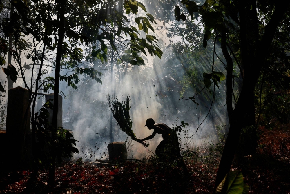 A farmer tries to beat out a fire in abandoned farming land amid a drought in Anamaduwa, Sri Lanka.