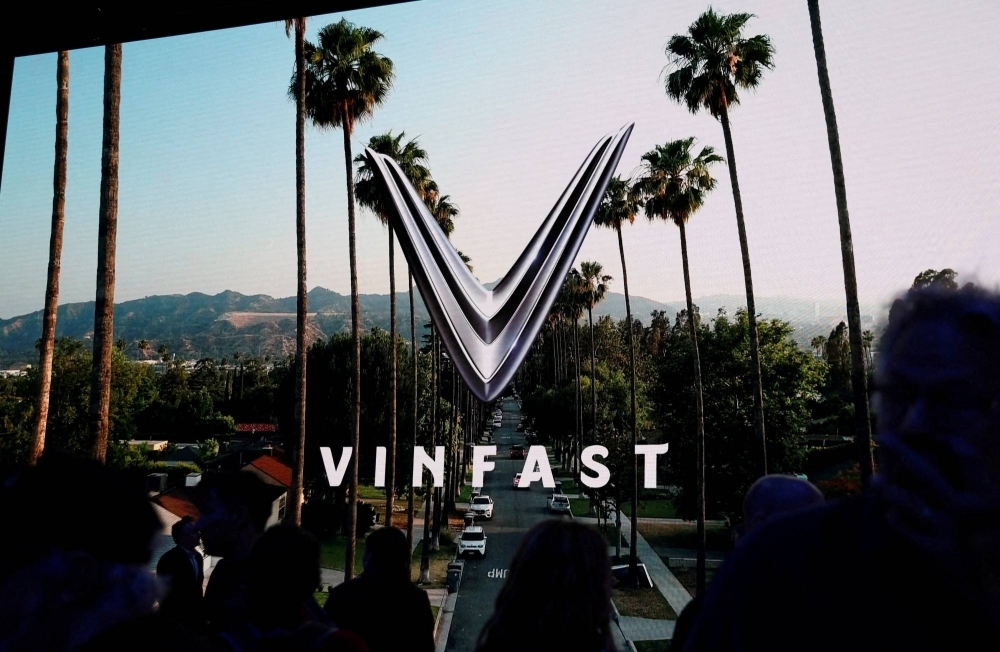 The VinFast logo during an event in Los Angeles in November 2022