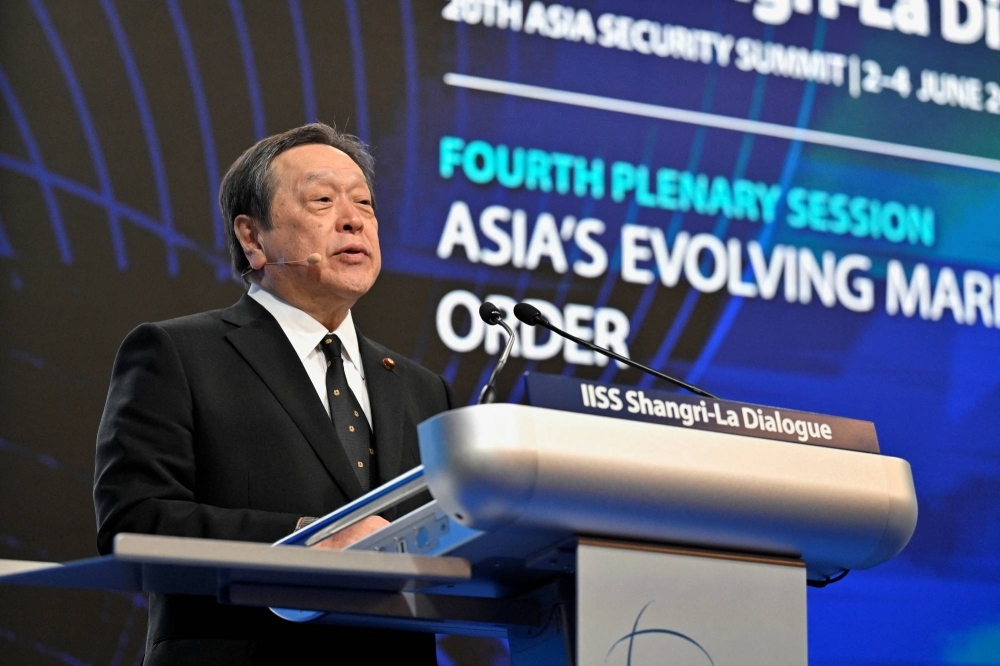 Defense Minister Yasukazu Hamada speaks during the Shangri-La Dialogue regional security forum in Singapore in June. Defense Minister Yasukazu Hamada speaks during the Shangri-La Dialogue regional security forum in Singapore in June.