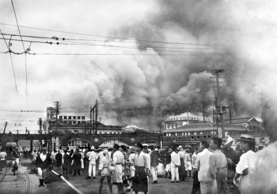 A fire breaks out in the Yurakucho area of Tokyo after the Great Kanto Earthquake in September 1923.