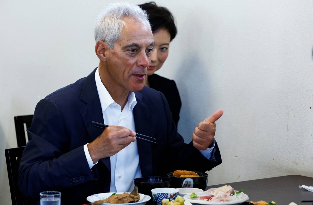 U.S. Ambassador to Japan Rahm Emanuel after eating fish during his visit to Soma, Fukushima Prefecture, on Thursday