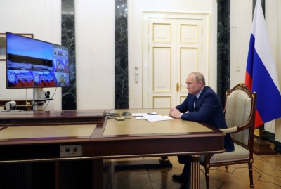 Russian President Vladimir Putin watches a test launch of the Sarmat intercontinental ballistic missile at Plesetsk cosmodrome in Arkhangelsk region, via video link in Moscow, Russia, in April last year. 