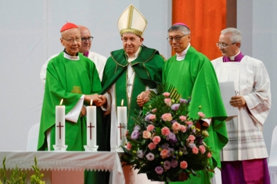 Pope Francis attends the Holy Mass in Ulaanbaatar, Mongolia, on Sunday. 