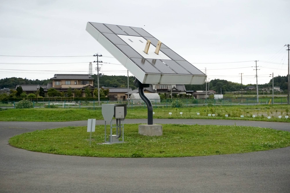 A solar panel and plug sculpture in Minamisoma. Fukushima Prefecture has claimed the crown as the Tohoku region’s leader for cumulative solar power generation since 2013