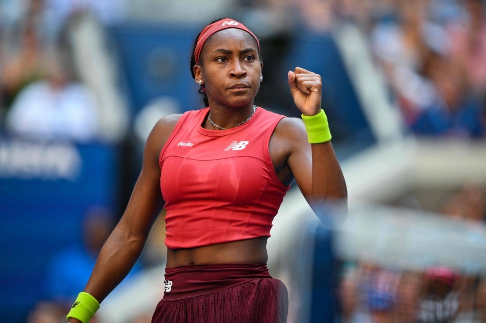 Coco Gauff celebrates after a point during her match against Caroline Wozniacki   at the U.S. Open in New York on Sunday.