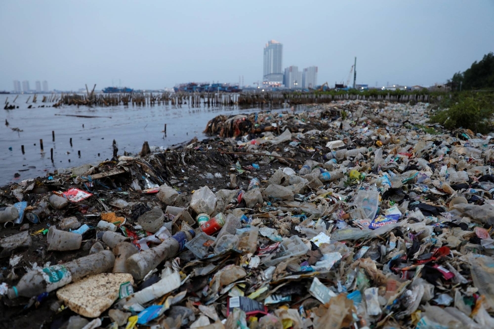 Rubbish, most of which is plastics, along a shoreline in Jakarta