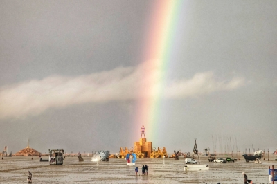 A rainbow at the site of this year’s Burning Man festival in the Black Rock Desert in Nevada