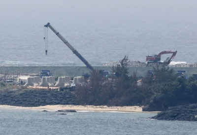 Construction work continues on Monday at the Henoko coastal area of Nago, Okinawa Prefecture.