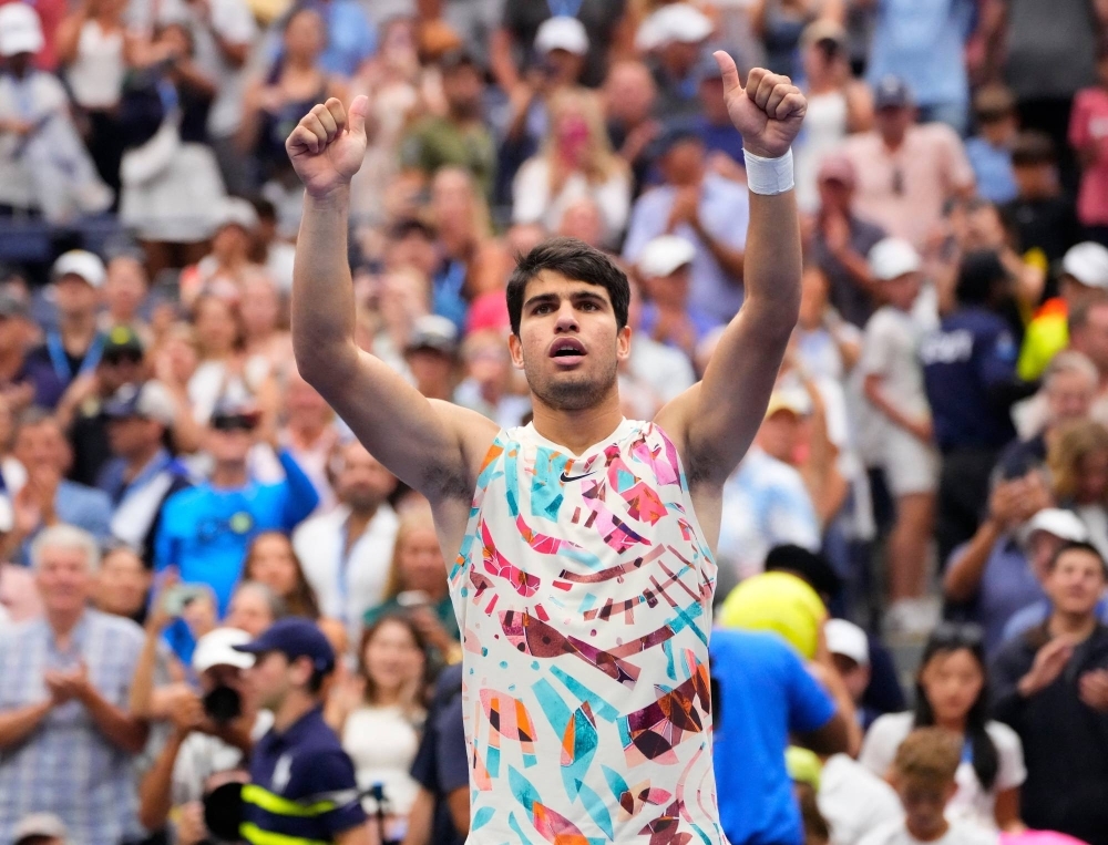 Carlos Alcaraz of Spain celebrates after beating Matteo Arnaldi of Italy on day eight of the 2023 U.S. Open tennis tournament in New York on Monday. Alcaraz is aiming to defend his title after winning the U.S. Open last year.