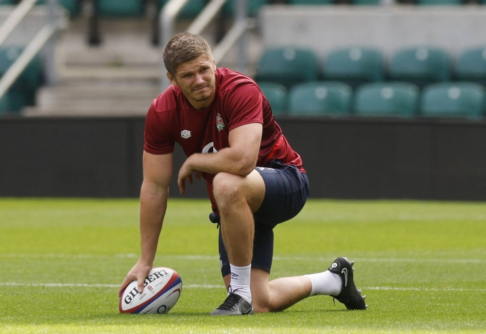 England's Owen Farrell takes part in training at Twickenham Stadium in London on Aug. 25, ahead of the 2023 Rugby World Cup.
