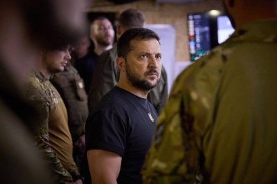Ukrainian Volodymyr Zelenskyy visits the command post of an operational-tactical group in Donetsk, Ukraine, on Monday.