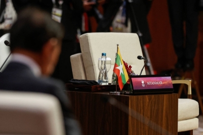 The seat reserved for Myanmar is left empty during the retreat session of the Association of Southeast Asian Nations (ASEAN) summit in Jakarta on Tuesday. 