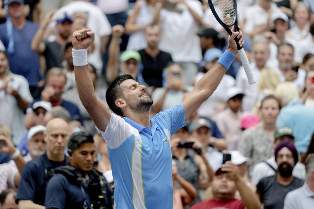 Novak Djokovic of Serbiaeacts during his U.S. Open men’s singles quarterfinal match against Taylor Fritz of the U.S. in New York on Tuesday. Djokovic won 6-1, 6-4, 6-4.