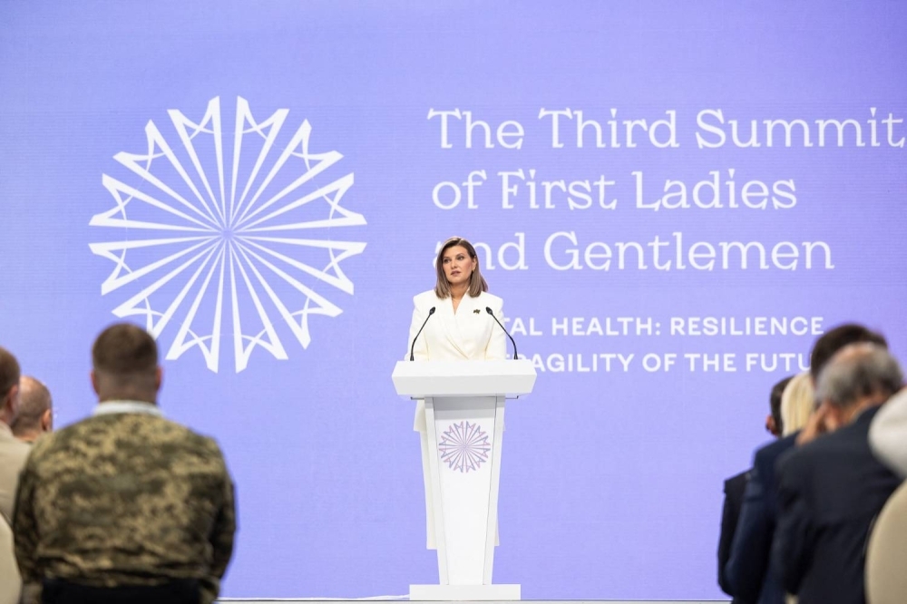 Ukrainian First Lady Olena Zelenska speaks in Kyiv during "The Summit of First Ladies and Gentlemen," which focused on the stigmatized issue of mental health in the war-torn country.