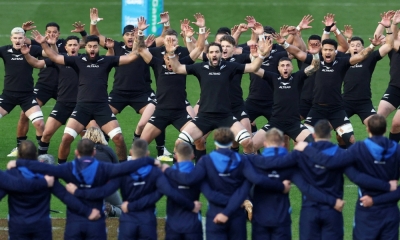 The All Blacks perform the haka in front of Scotland before their match in Edinburgh, Scotland, on Nov. 13, 2022.