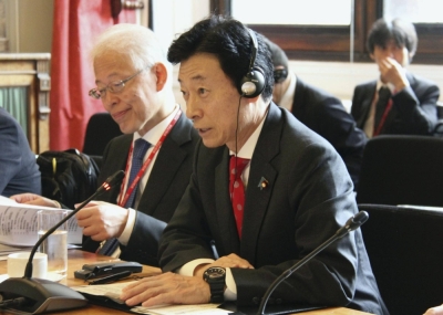 Yasutoshi Nishimura, Japan's minister of economy, trade and industry, attends a bilateral ministerial meeting with his British counterpart on economic security in London on Wednesday. 